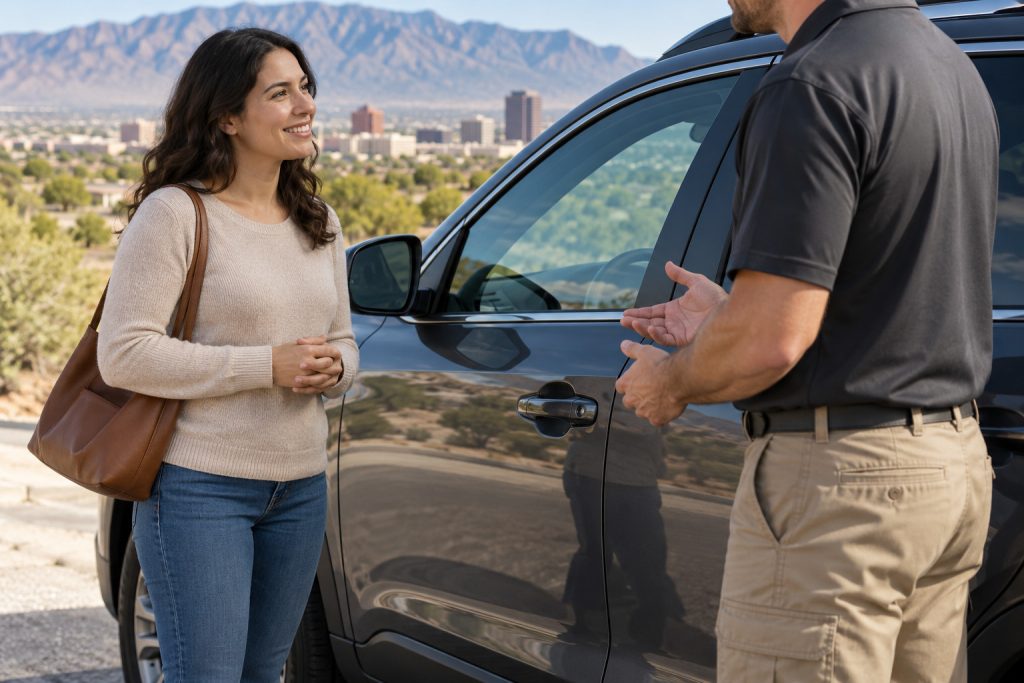 Locksmith opening an SUV door with an air wedge during a car lockout in Albuquerque
