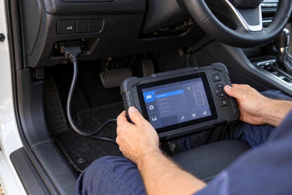 Key programming tool connected to the OBD port for key fob programming in Albuquerque