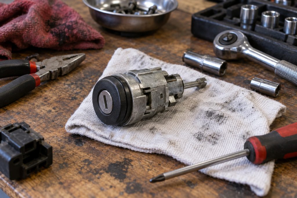 Removed ignition cylinder and locksmith tools for ignition repair in Albuquerque