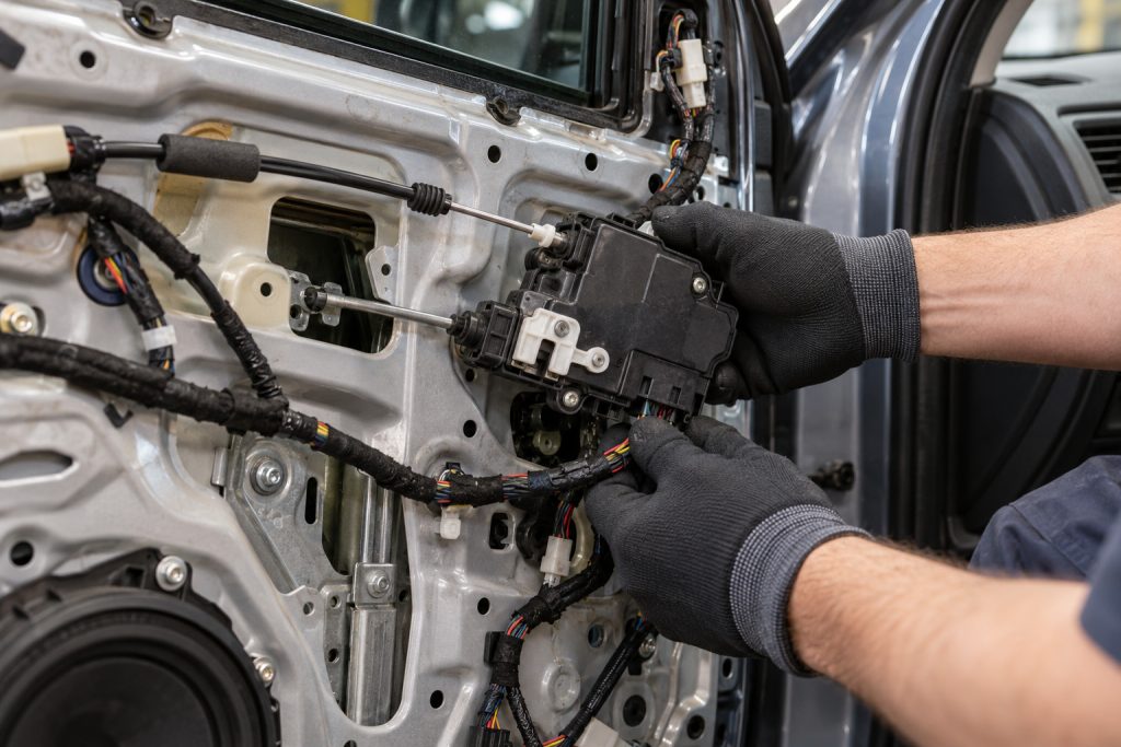 Open car door panel showing the lock actuator during car door lock repair in Albuquerque