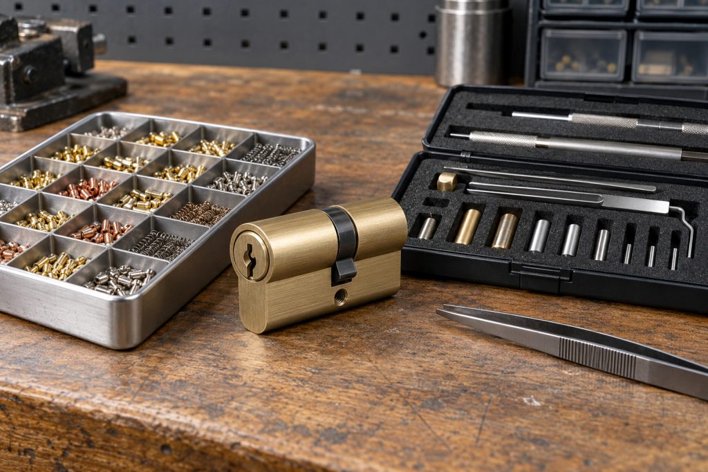 Locksmith rekeying a commercial lock cylinder for a business lock change in Albuquerque